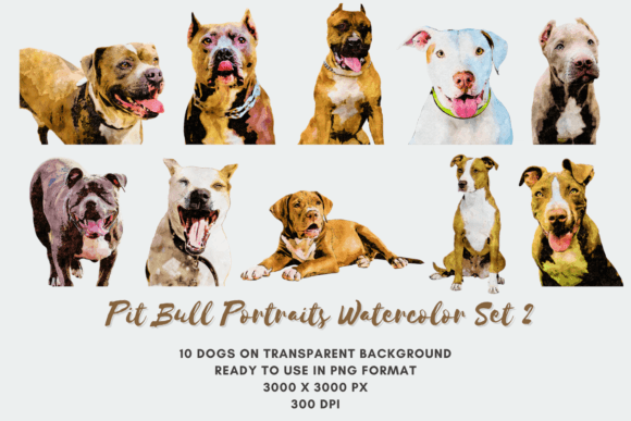 10 Pit Bull Portraits Watercolor Set 2