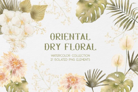 Oriental Dry Florals Watercolor PNG Set